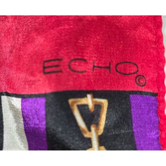 Vtg Echo Silk Scarf Stripes  Gold Buckle chain Design purple red white gold - Picture 3 of 7
